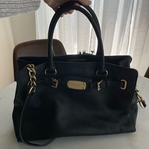 Michael Kors leather satchel, black, gold-colored hardware.